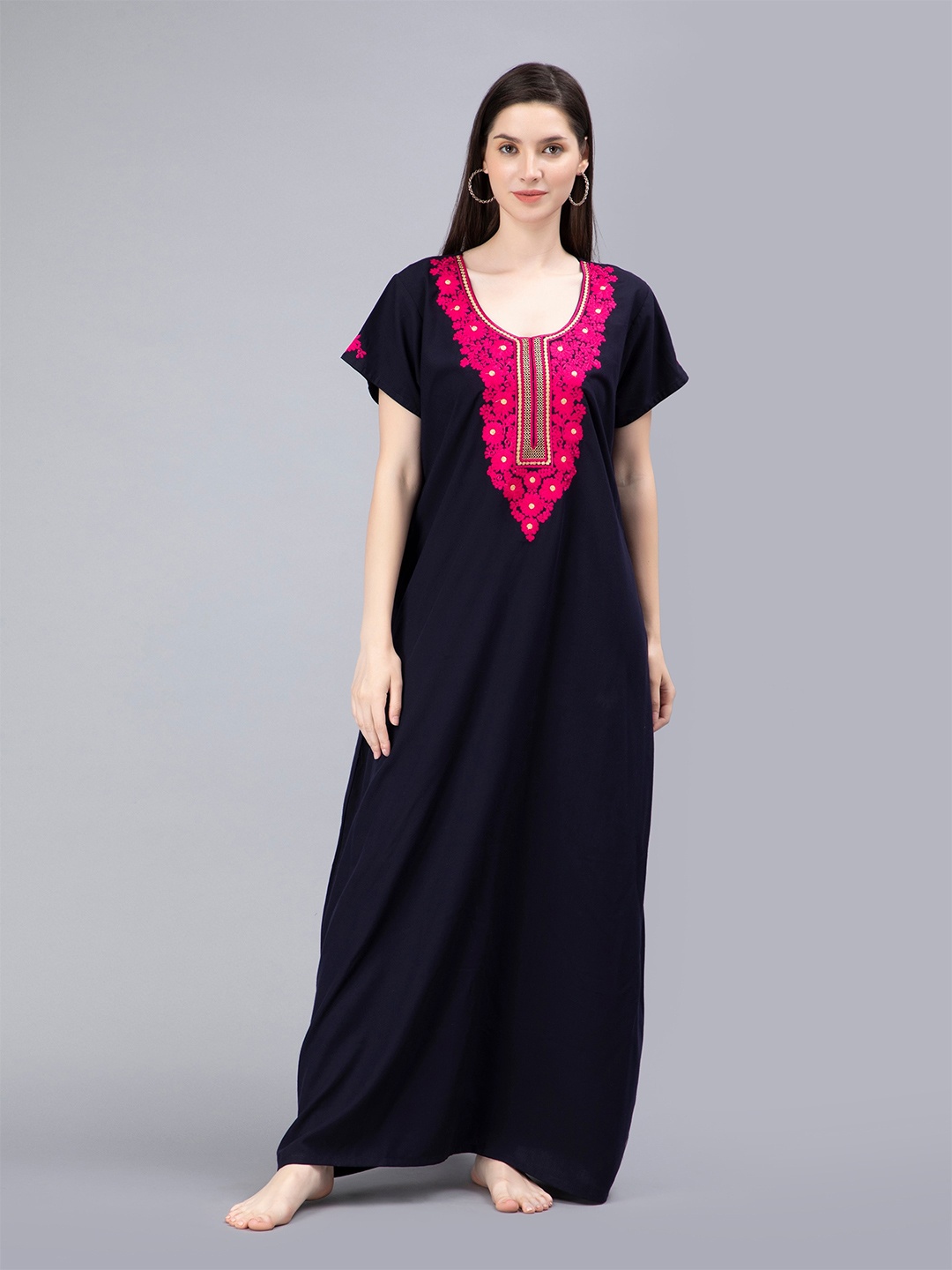 

NIGHTSPREE Floral yoke Design Embroidered Maxi Nightdress, Navy blue