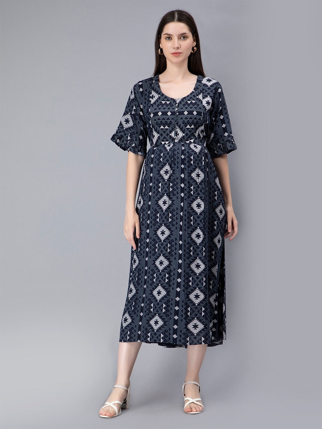 

NIGHTSPREE Ethnic Motifs Print Maternity & Feeding Empire Midi Dress, Navy blue