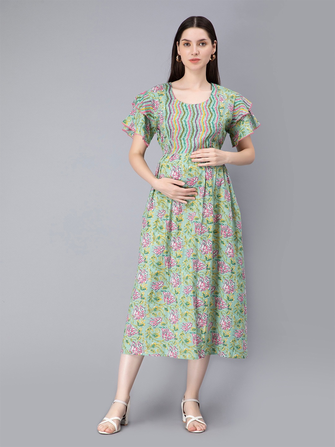 

NIGHTSPREE Floral Print Flutter Sleeve Maternity & Feeding A-Line Midi Dress, Green