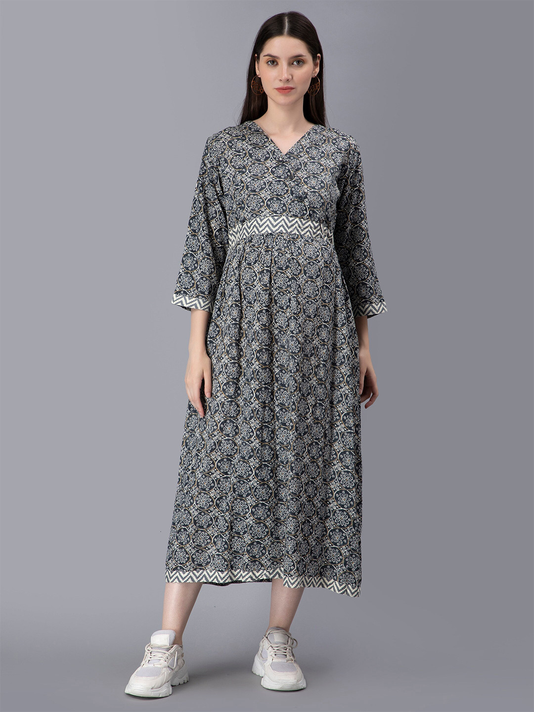 

NIGHTSPREE Ethnic Motifs Print Maternity & Feeding Empire Midi Dress, Grey
