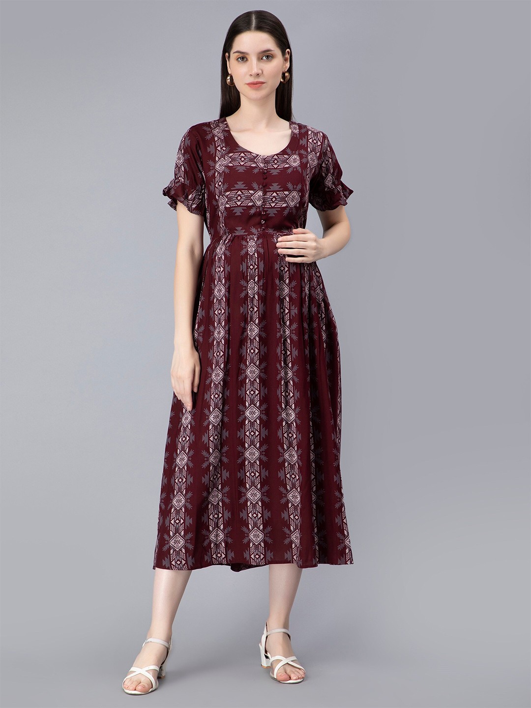 

NIGHTSPREE Ethnic Motifs Print Maternity & Feeding Empire Midi Dress, Maroon