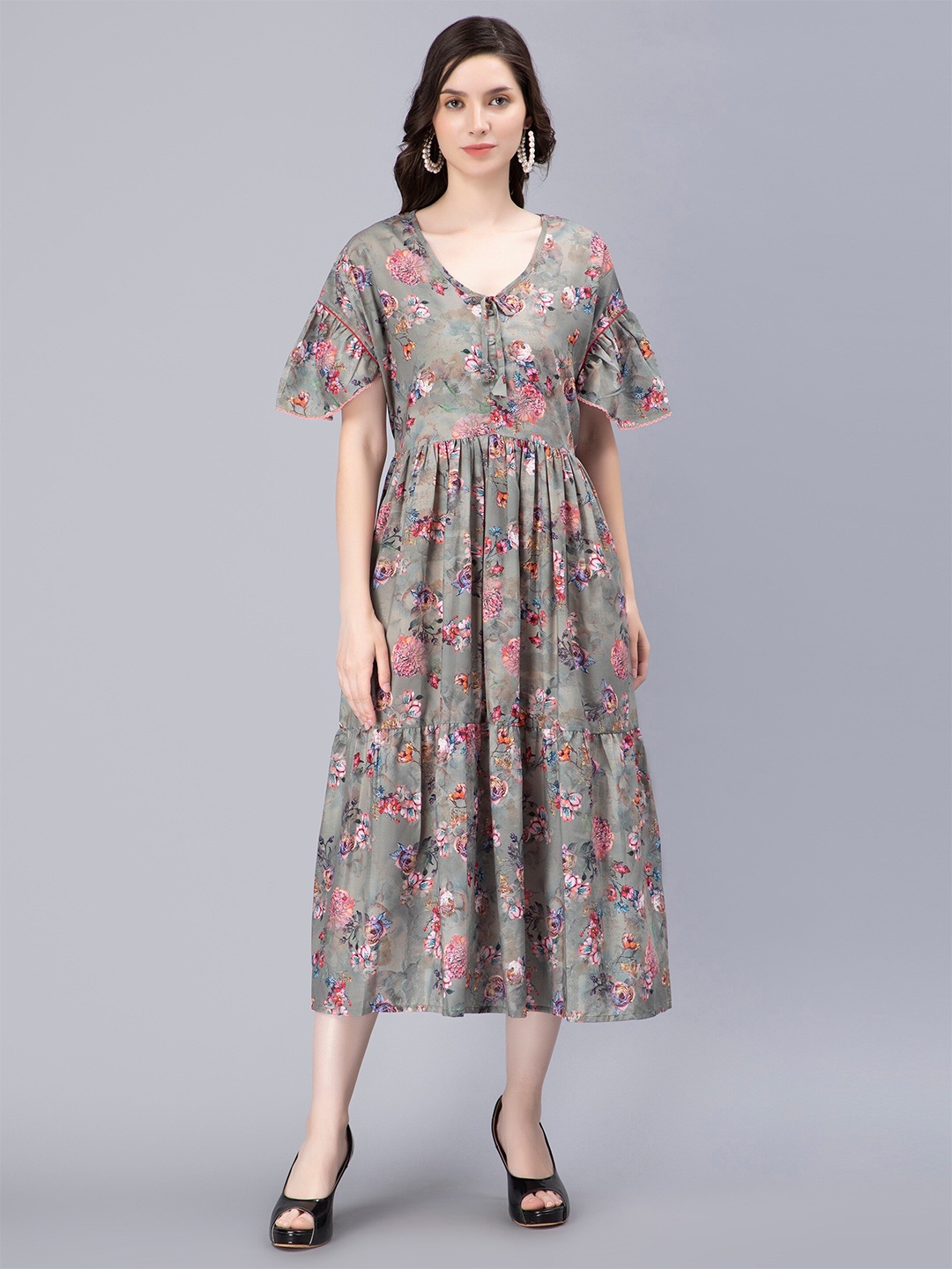 

NIGHTSPREE Floral Printed Flared Sleeve Cotton Nightdress, Grey