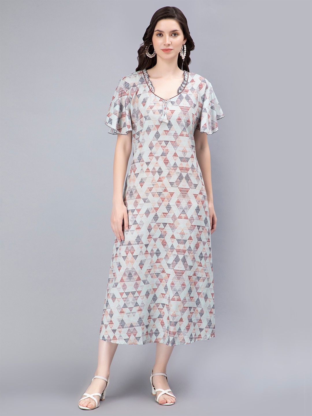 

NIGHTSPREE Geometric Printed Pure Cotton Nightdress, Grey
