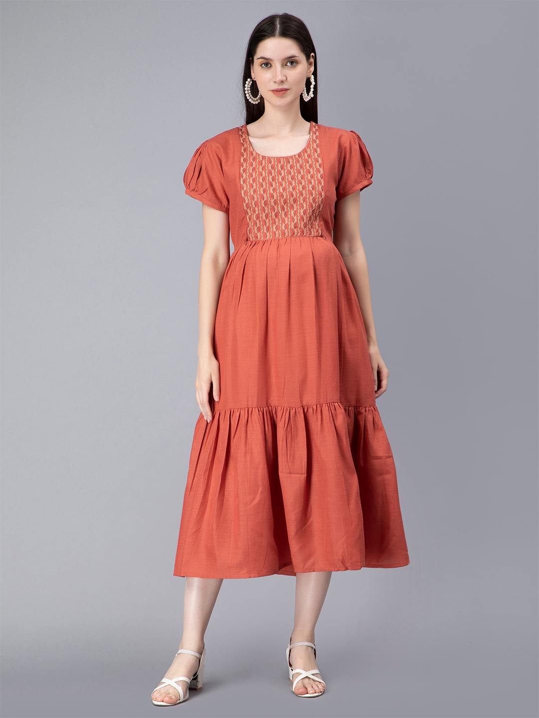 

NIGHTSPREE Tiered Puff Sleeve Maternity Fit & Flare Midi Dress, Rust