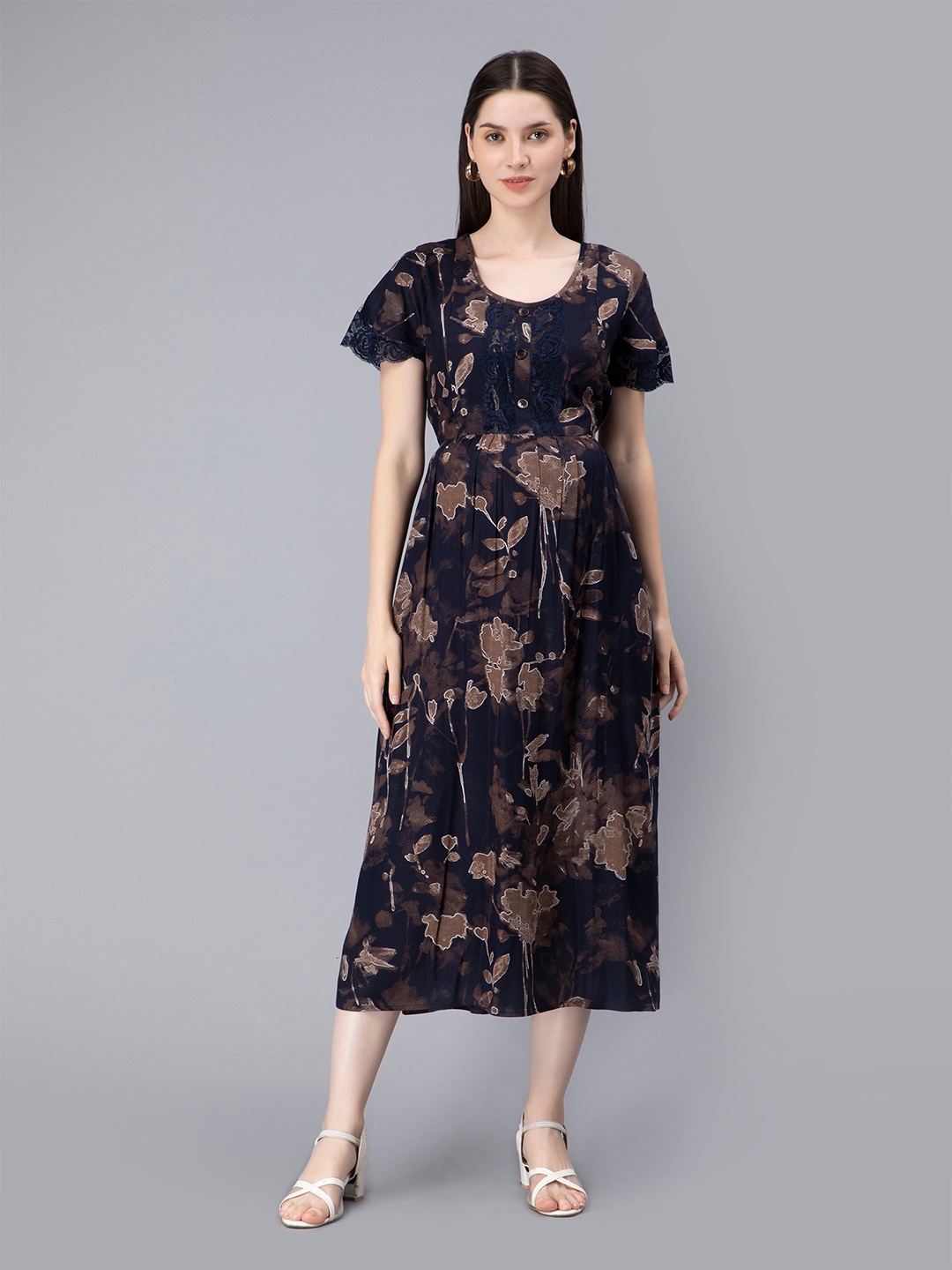 

NIGHTSPREE Floral Print Flared Sleeve Maternity & Feeding A-Line Midi Dress, Navy blue