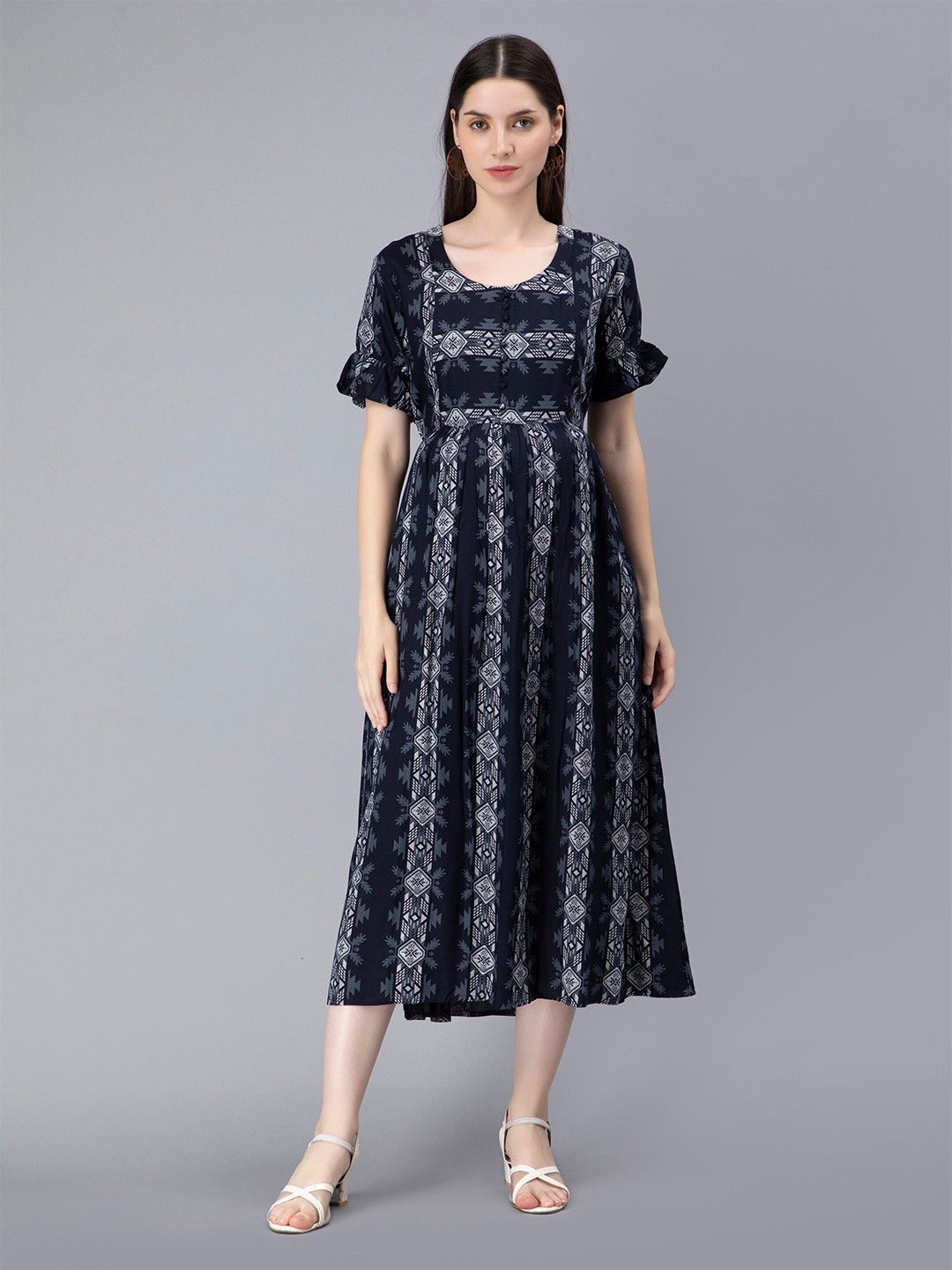 

NIGHTSPREE Ethnic Motifs Print Maternity & Feeding Empire Midi Dress, Navy blue