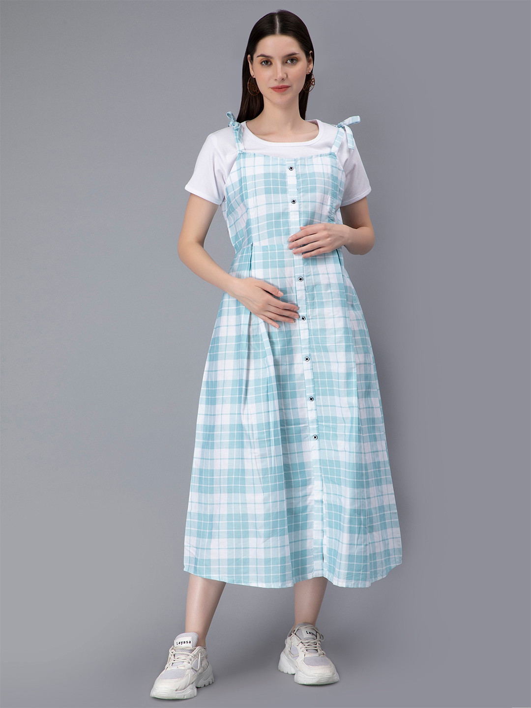 

NIGHTSPREE Checked Maternity & Feeding Pinafore Midi Dress, Blue