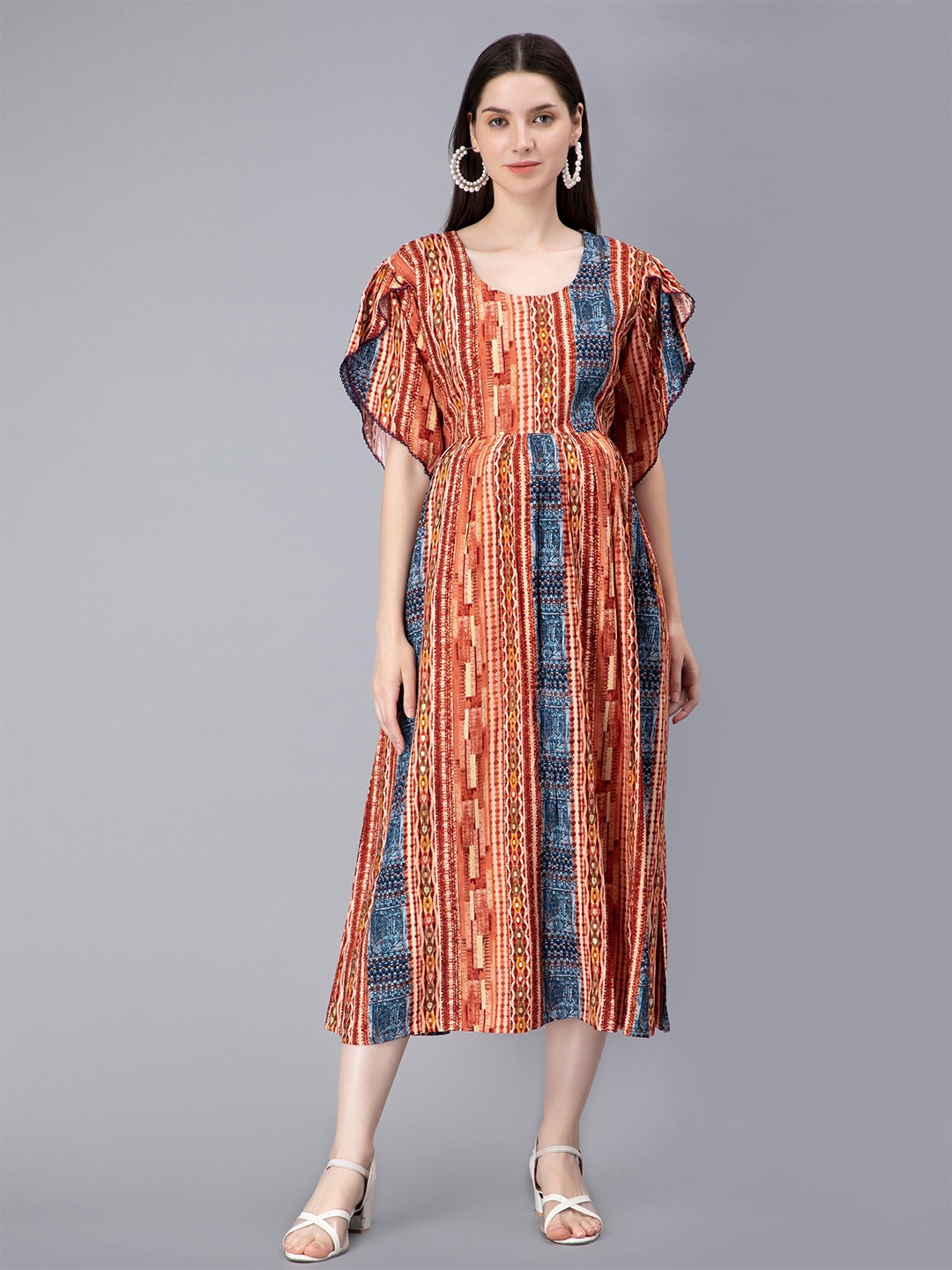 

NIGHTSPREE Ethnic Motifs Print Maternity & Feeding A-Line Midi Dress, Rust