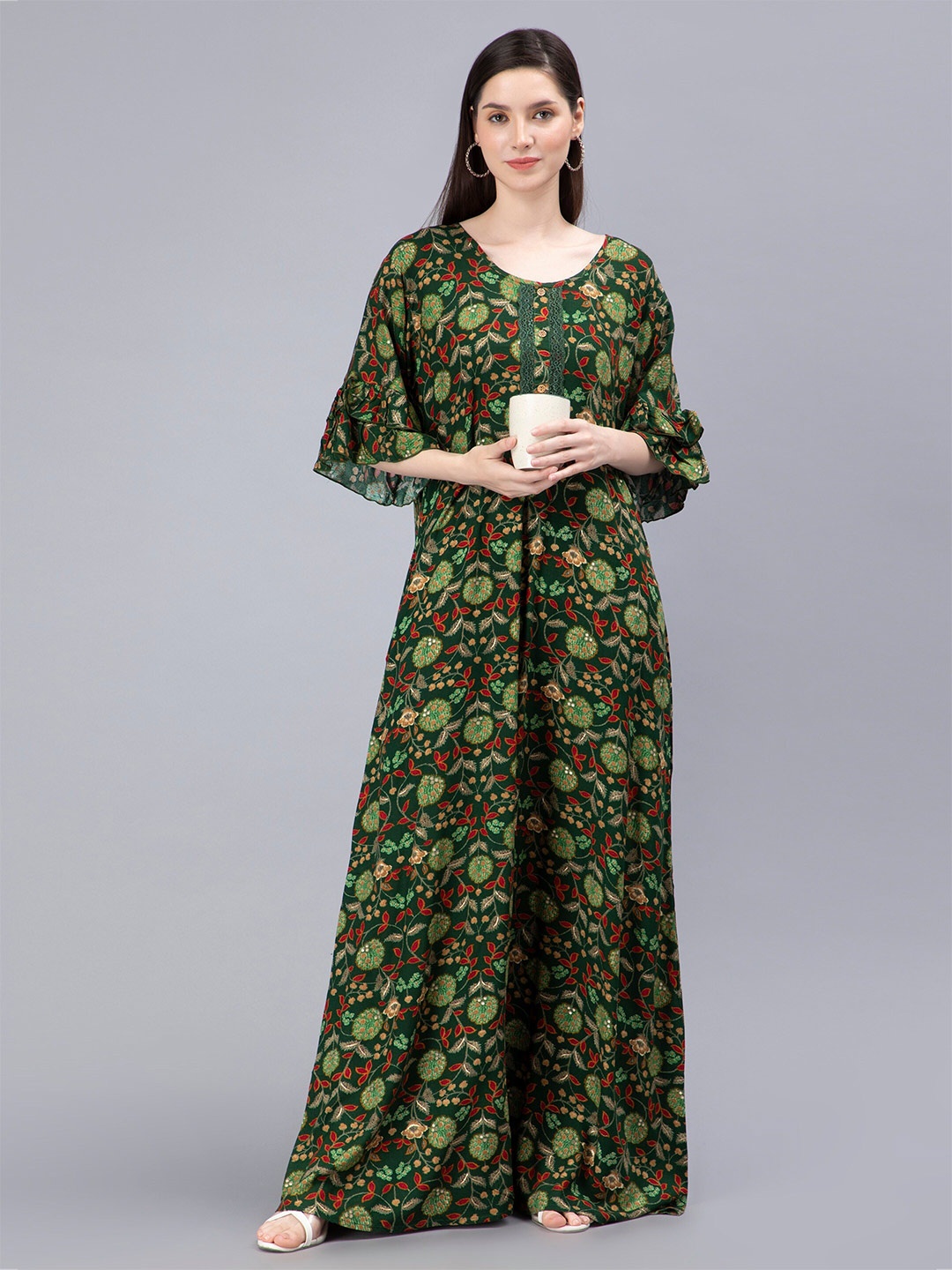 

NIGHTSPREE Floral Printed Maxi Nightdress, Green