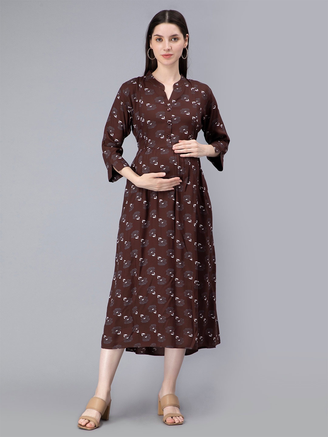 

NIGHTSPREE Floral Printed Maternity Fit & Flare Midi Dress, Brown