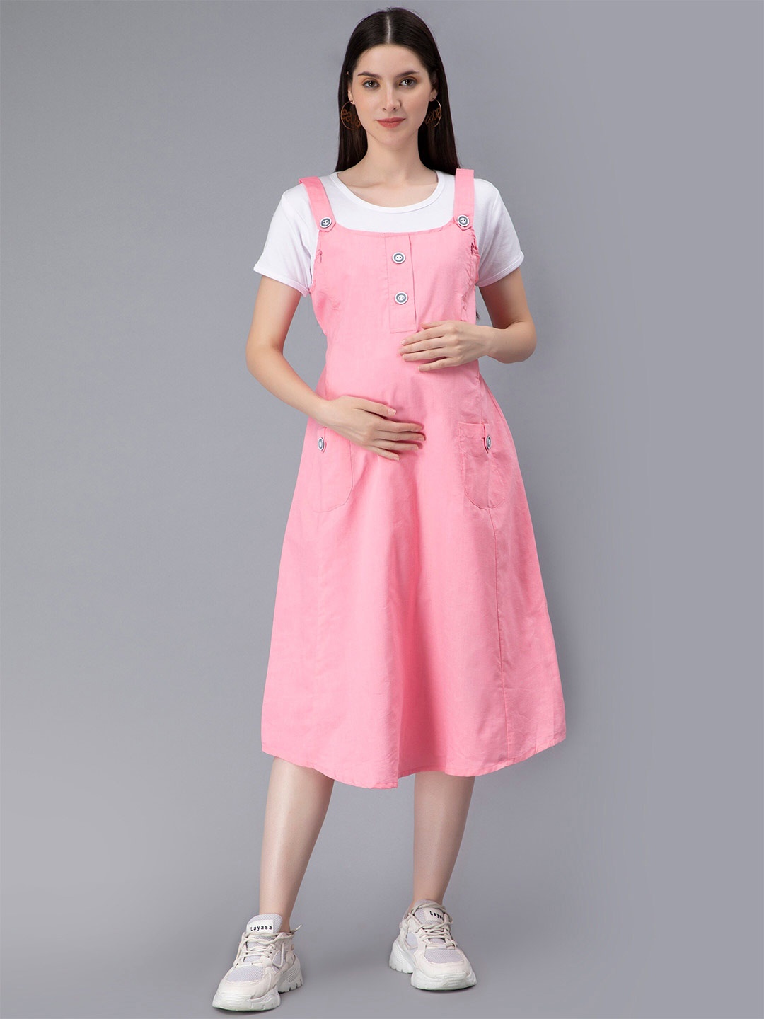 

NIGHTSPREE Maternity & Feeding Pinafore Midi Dress, Pink