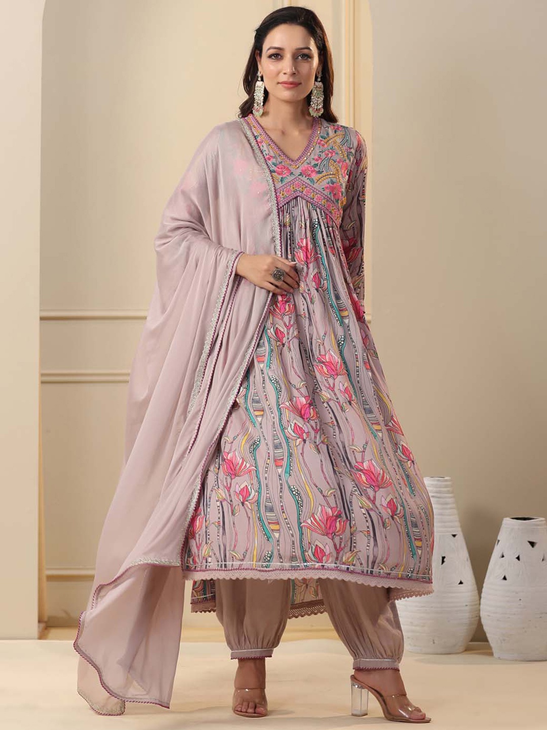 

Meena Bazaar Floral Printed A-Line Mirror Work Kurta with Trousers & Dupatta, Taupe