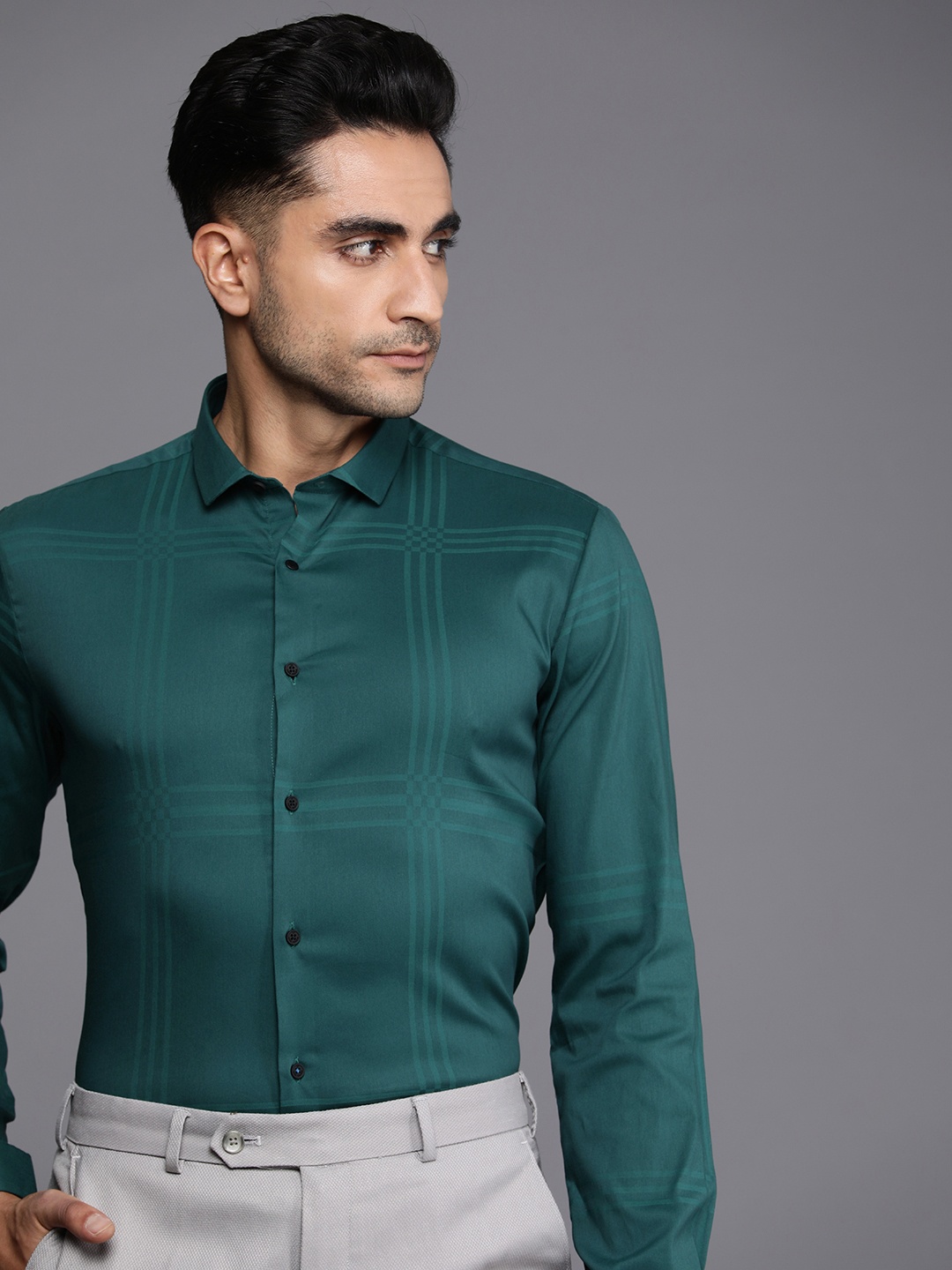 

Louis Philippe Ath.Work Slim Fit Opaque Checked Formal Shirt, Teal