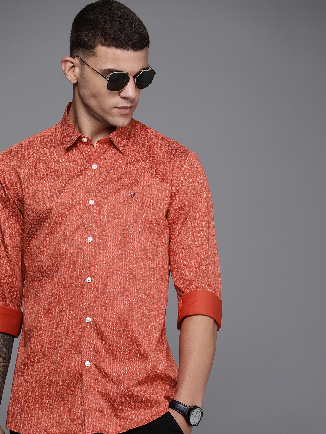 

Louis Philippe Sport Slim Fit Geometric Printed Pure Cotton Casual Shirt, Red