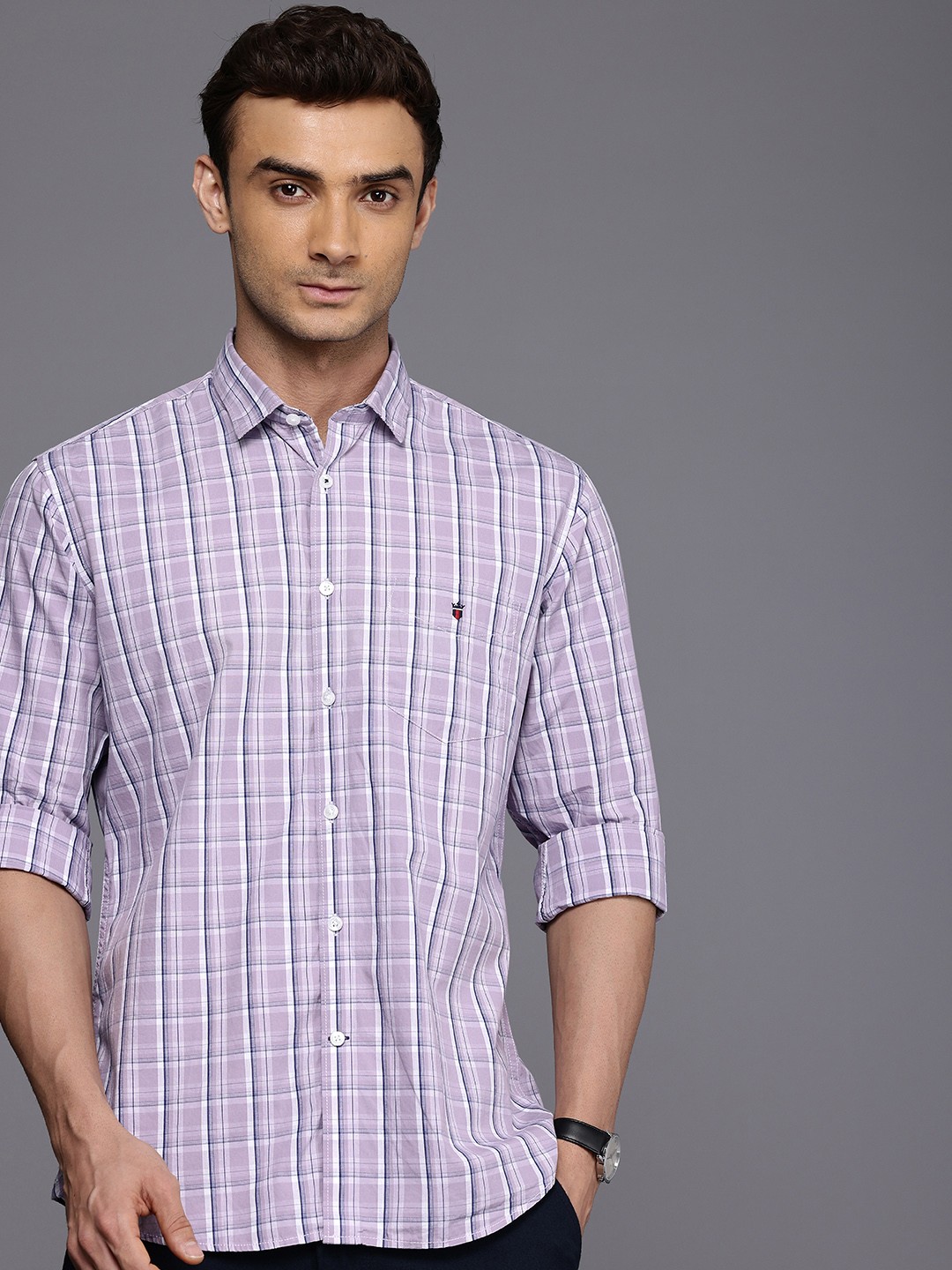

Louis Philippe Sport Pure Cotton Slim Fit Opaque Checked Casual Shirt, Purple