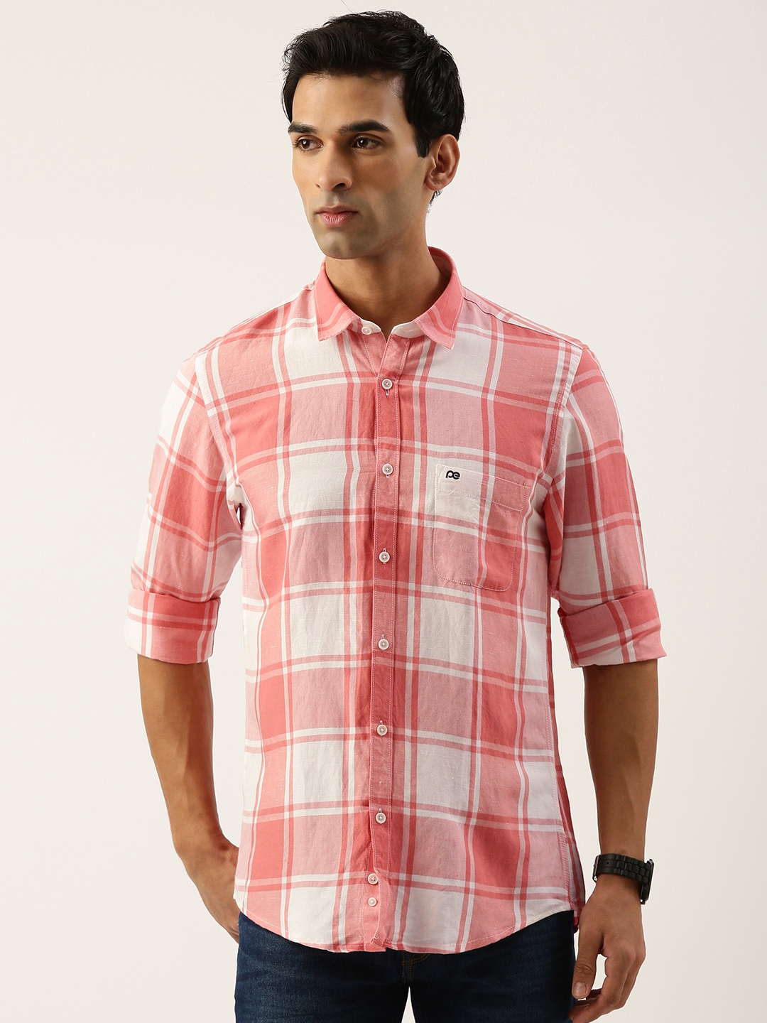 

Peter England Men Slim Fit Tartan Checked Casual Shirt, Pink