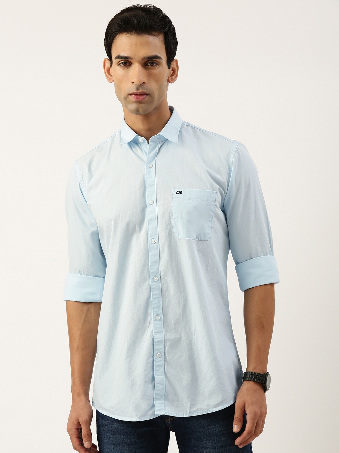 

Peter England Men Slim Fit Opaque Cotton Casual Shirt, Turquoise blue