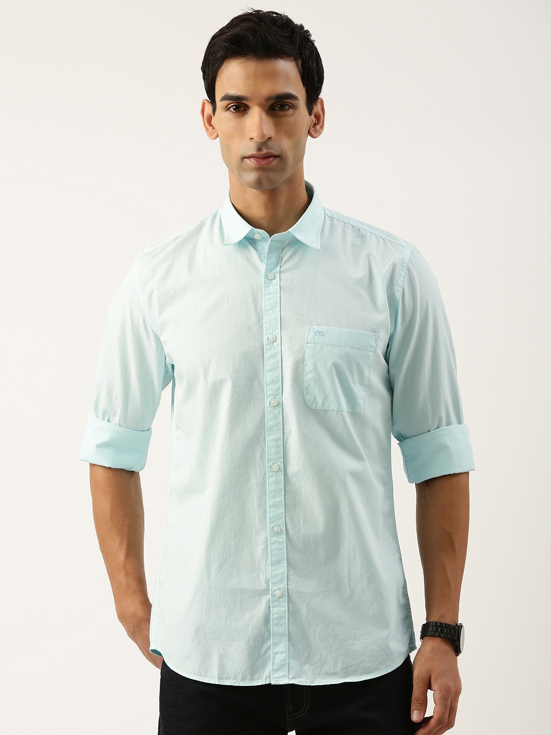 

Peter England Men Slim Fit Opaque Cotton Casual Shirt, Turquoise blue