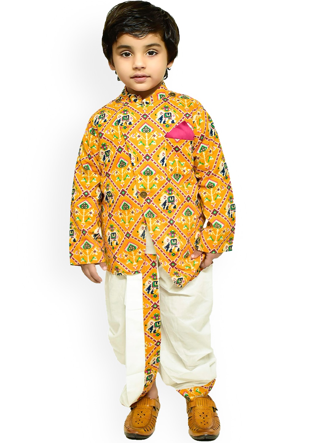 

BAESD Boys Ethnic Motifs Printed Regular Pure Cotton Kurta With Dhoti Pants, Yellow
