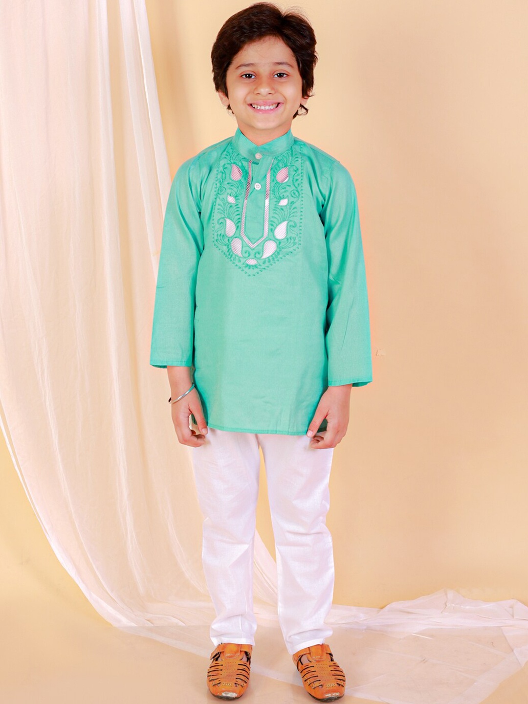 

BAESD Boys Ethnic Motifs Yoke Design Gotta Patti Pure Cotton Kurti With Pyjamas, Blue