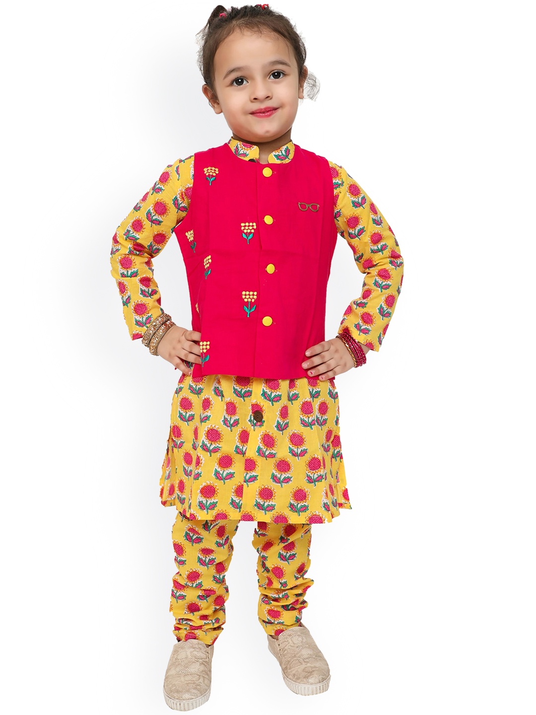 

BAESD Boys Floral Printed Pure Cotton Kurta With Churidar & Waistcoat, Yellow