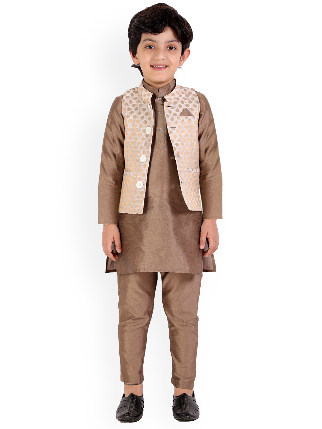 

BAESD Boys Dupion Silk Kurta With Pyjamas & With Nehru Jacket, Beige