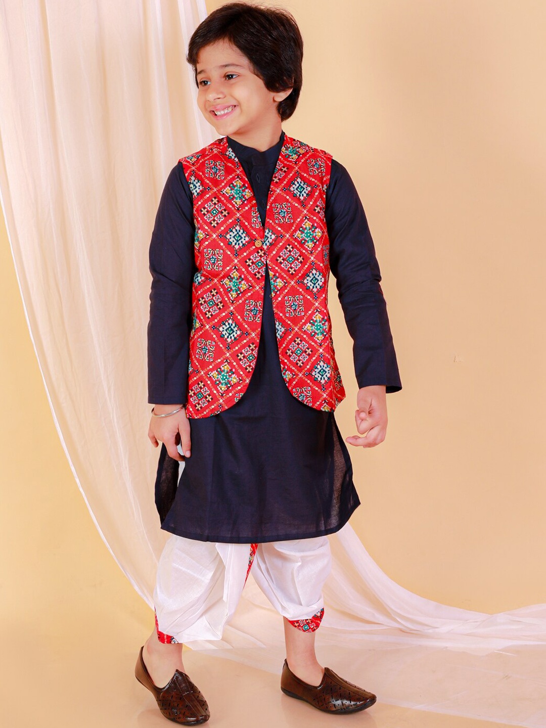 

BAESD Boys Regular Pure Cotton Kurta With Dhoti Pants & Waistcoat, Blue