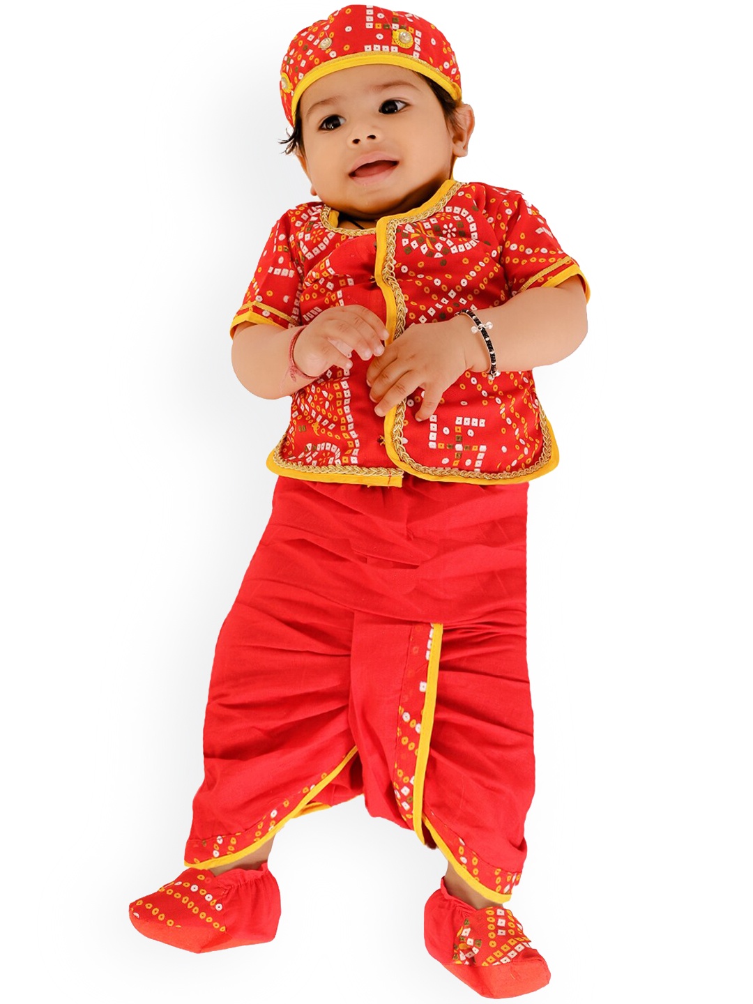 BAESD Boys Bandhani Printed Clothing Set With Booties And Cap, Red
