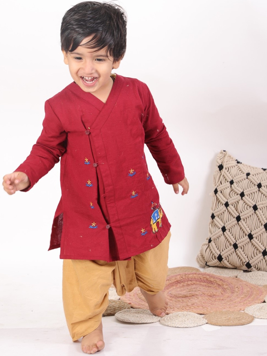 

BAESD Boys Ethnic Motifs Embroidered Pure Cotton Kurta with Dhoti Pants, Maroon