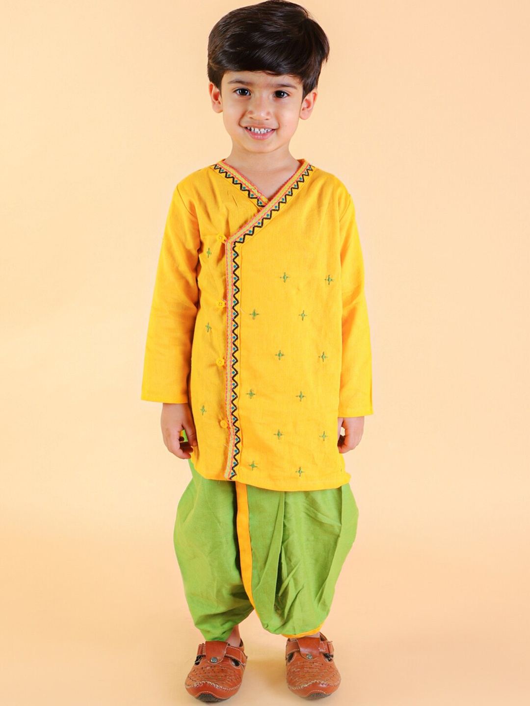 

BAESD Boys Ethnic Motifs Embroidered Pure Cotton Angrakha Kurta With Dhoti Pants, Yellow