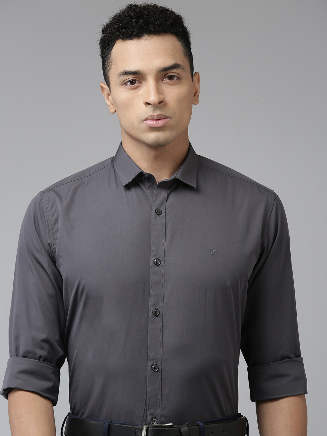 

V Dot Men Slim Fit Opaque Cotton Formal Shirt, Charcoal