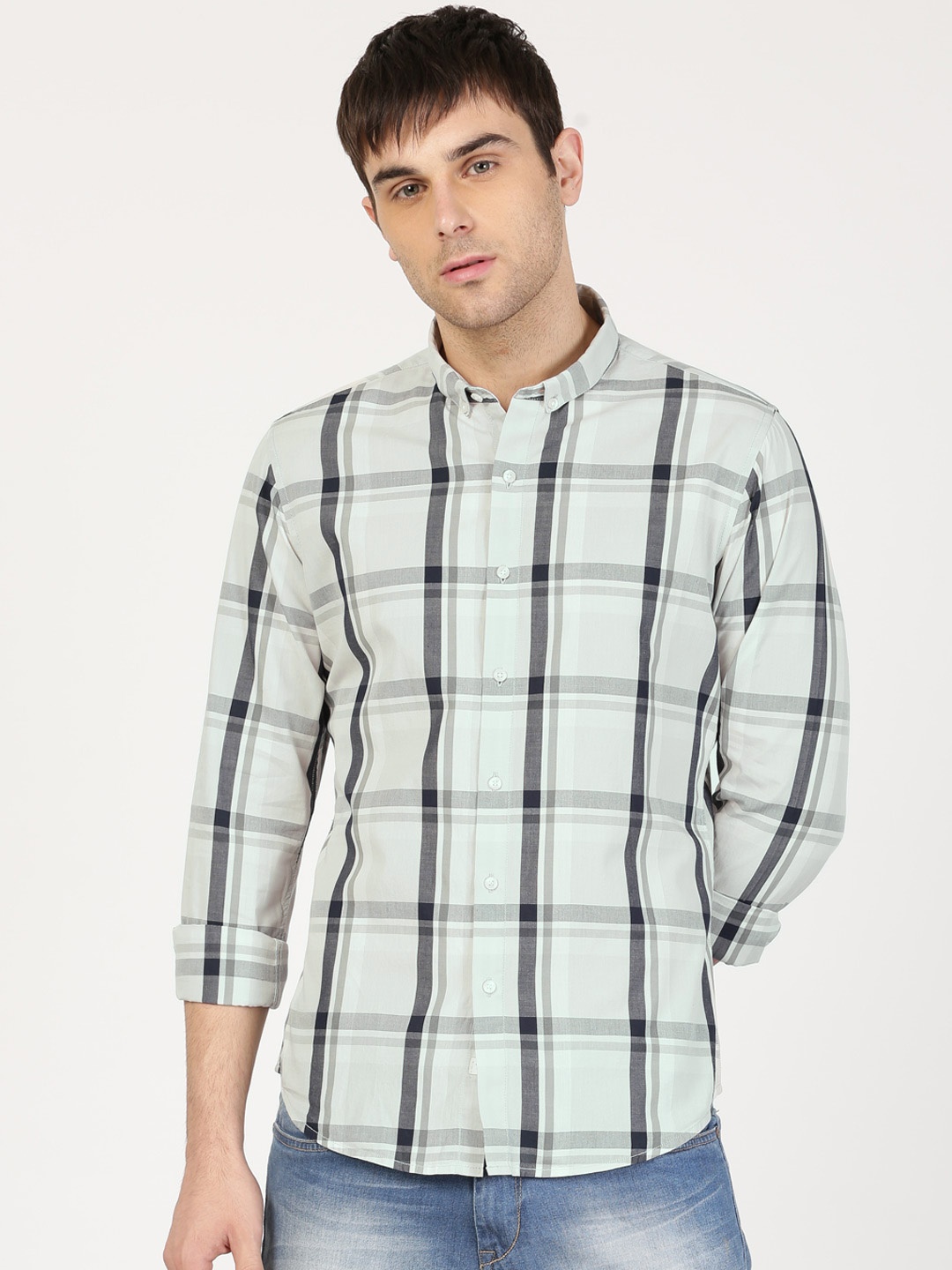 

ether Men Grey & Off-White Slim Fit Checked Casual Shirt