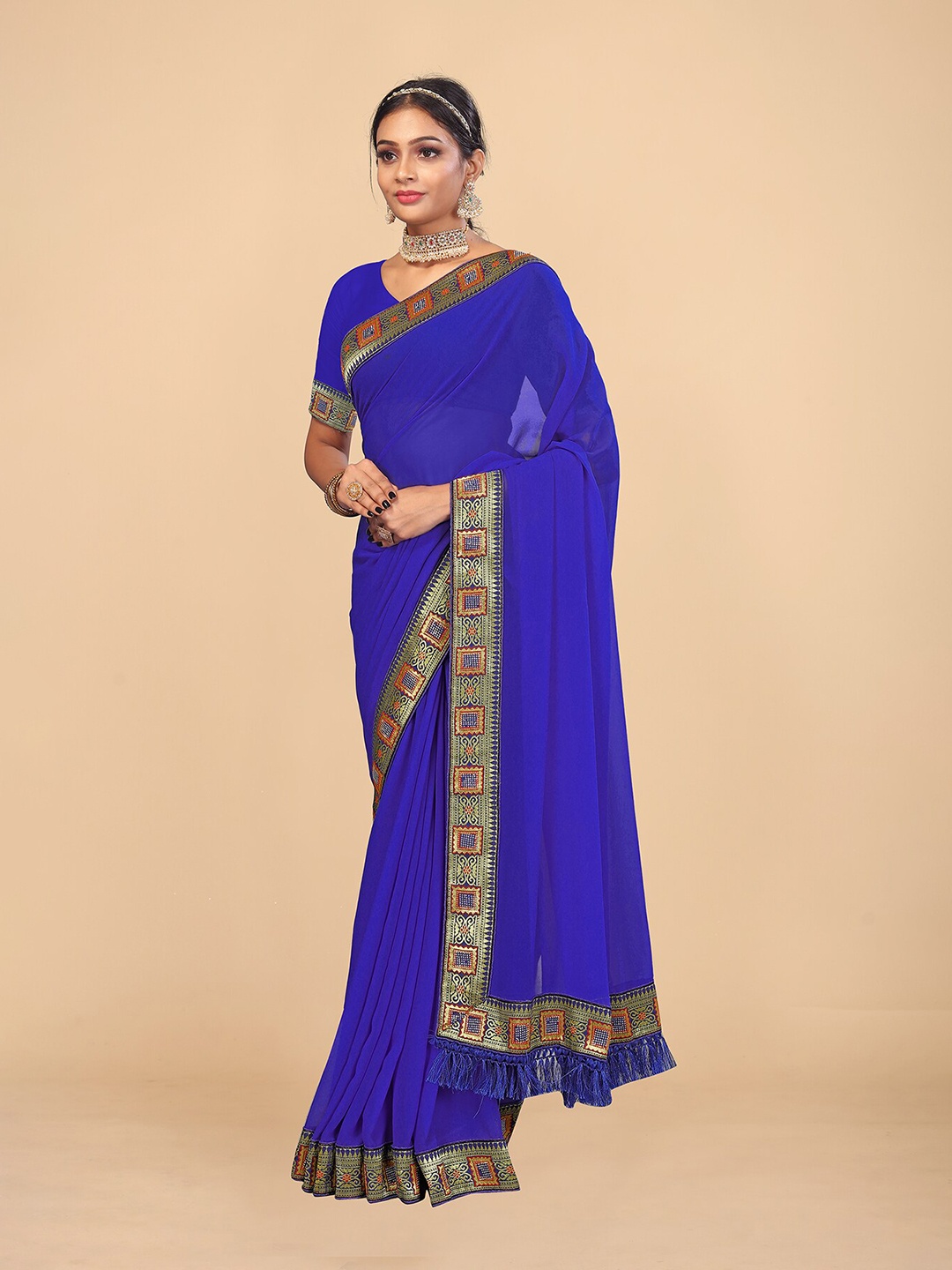 

MAGMINA Woven Design Border Zari Poly Georgette Banarasi Saree, Blue