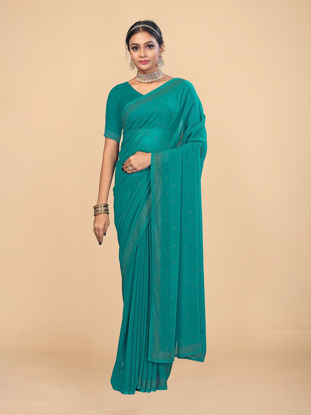 

MAGMINA Embellished Banarasi Saree, Teal