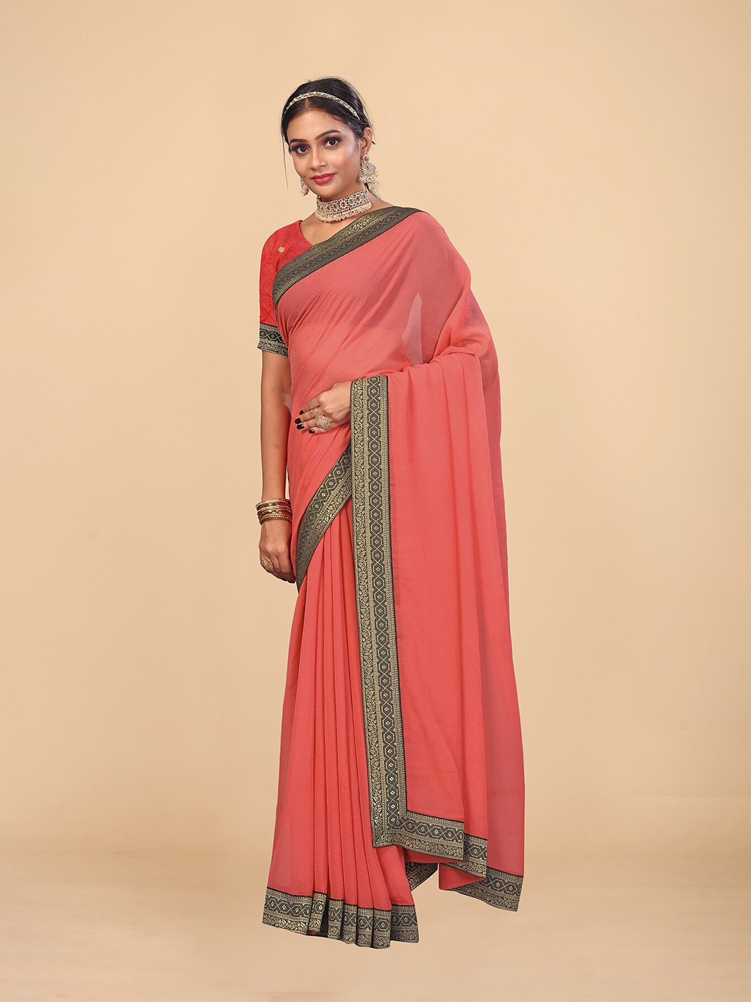 

MAGMINA Zari Poly Chiffon Saree, Pink