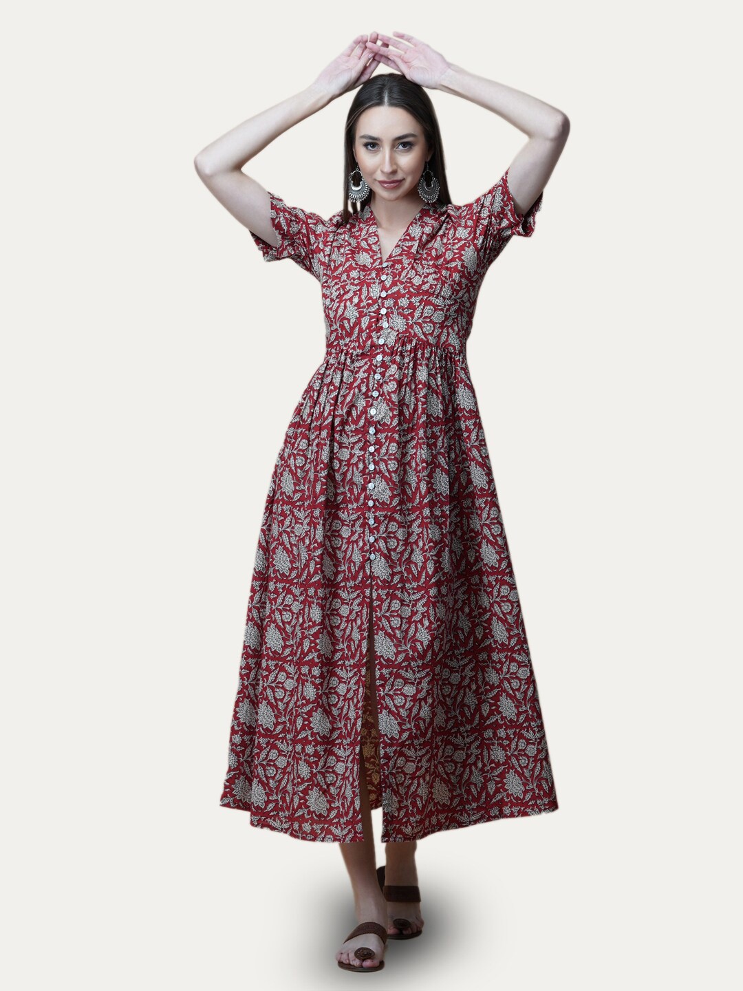 

GULAB CHAND TRENDS Floral Printed Cotton A-Line Ethnic Dress, Red