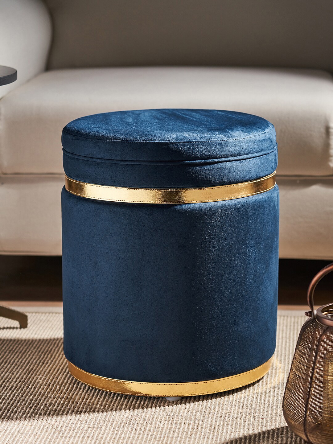 

Pure Home and Living Round Velvet Pouffe With Storage, Blue