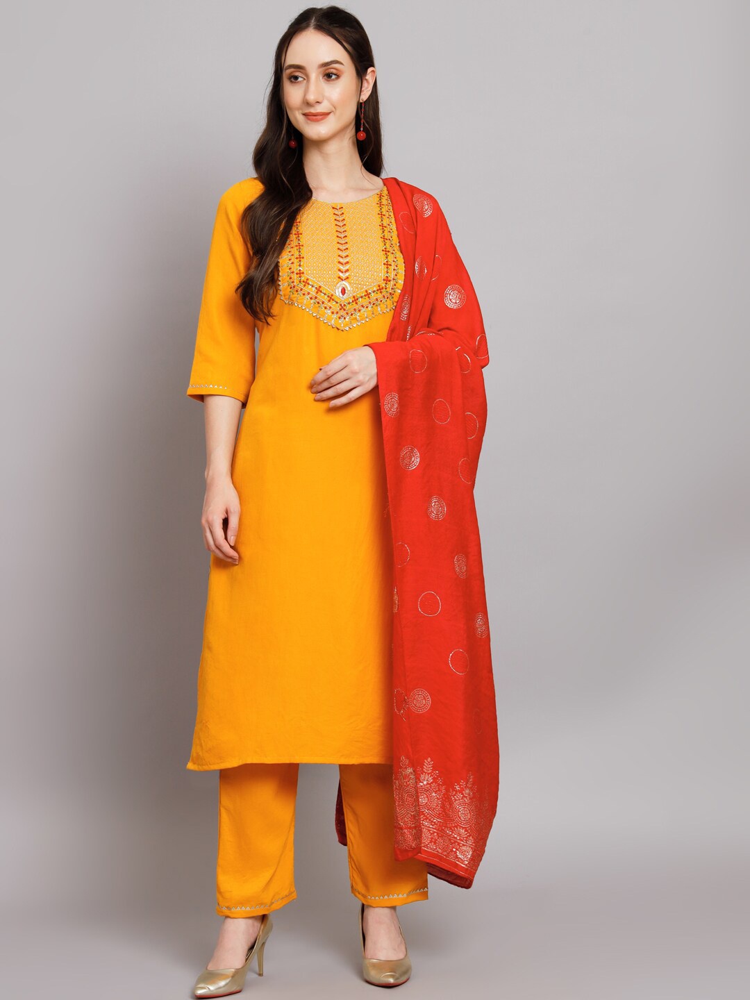 

KALINI Ethnic Motifs Embroidered Kurta With Trousers & With Dupatta, Yellow