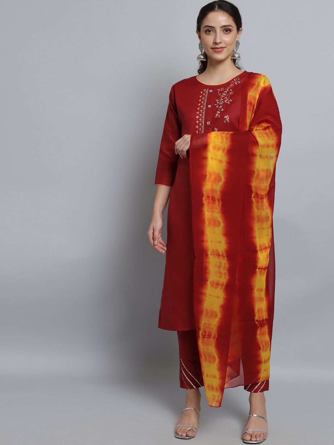 

KALINI Ethnic Motifs Embroidered Thread Work Kurta With Trousers & With Dupatta, Maroon