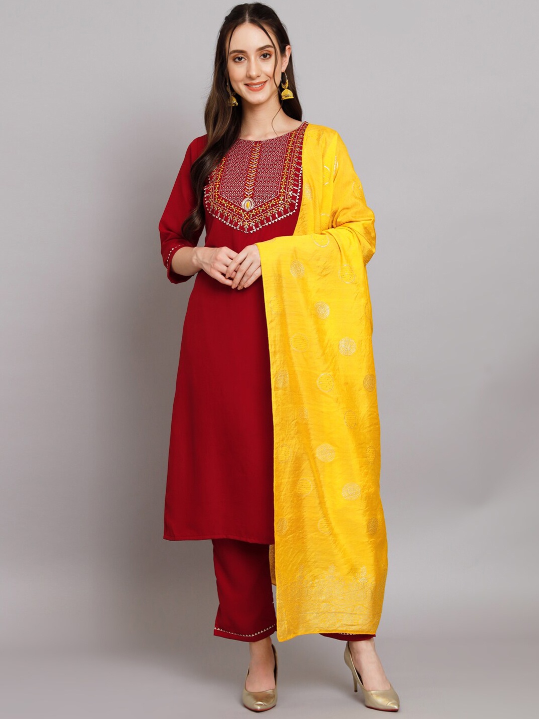 

KALINI Floral Embroidered Kurta with Trousers & Dupatta, Red