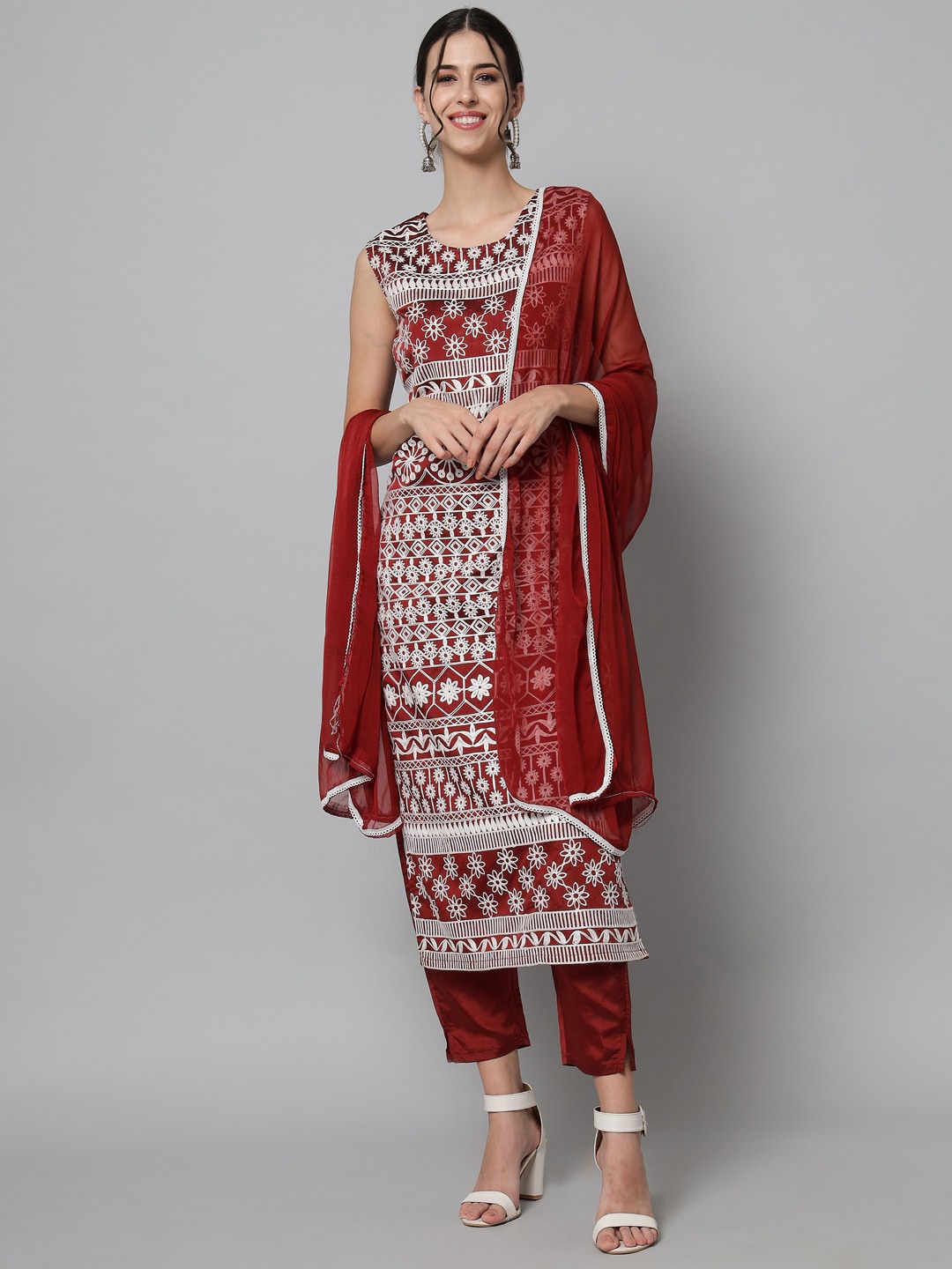 

KALINI Ethnic Motifs Embroidered Thread Work Kurta With Trousers & With Dupatta, Maroon