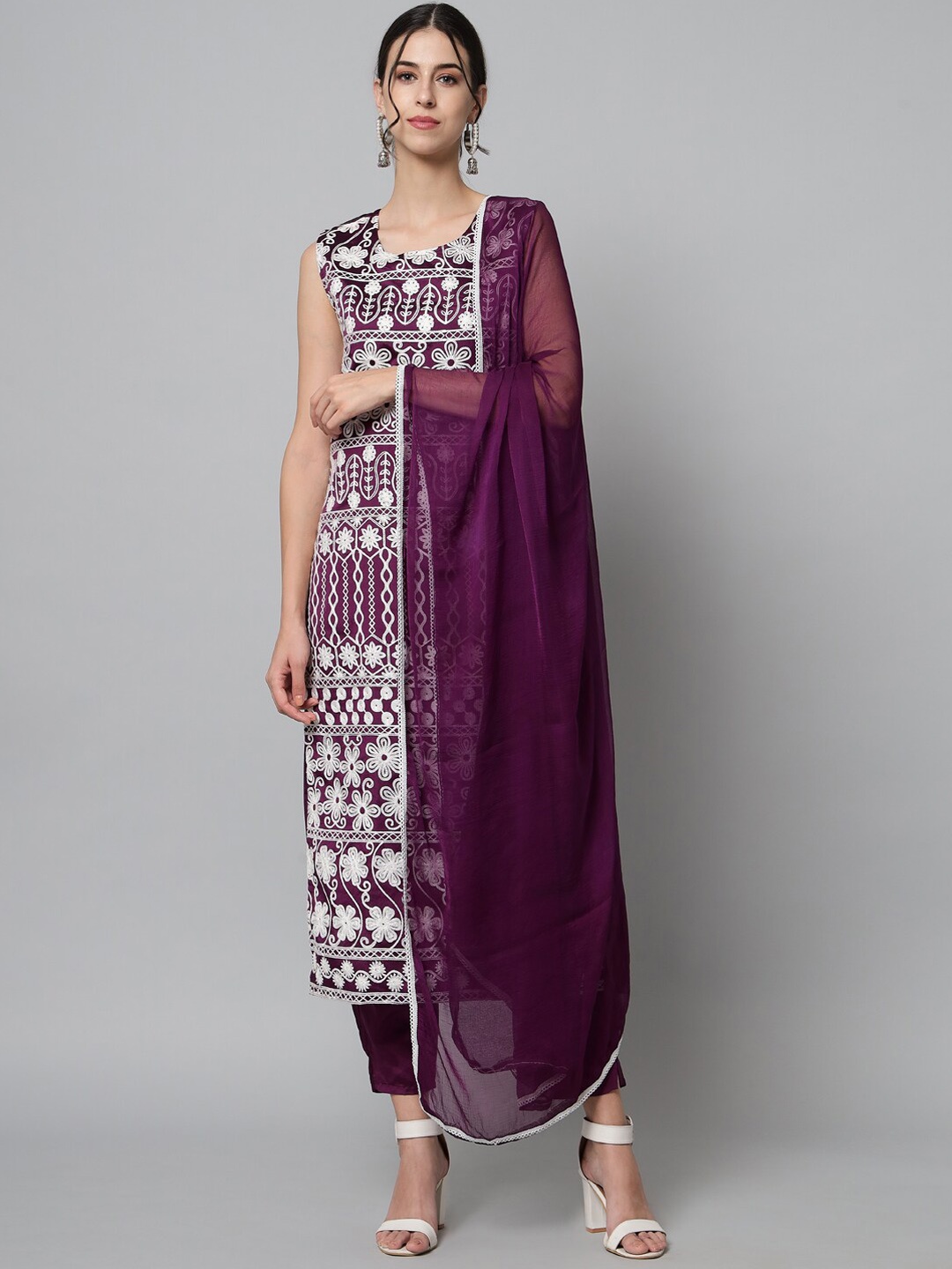 

KALINI Ethnic Motifs Embroidered Straight Thread Work Kurta & Trousers With Dupatta, Purple