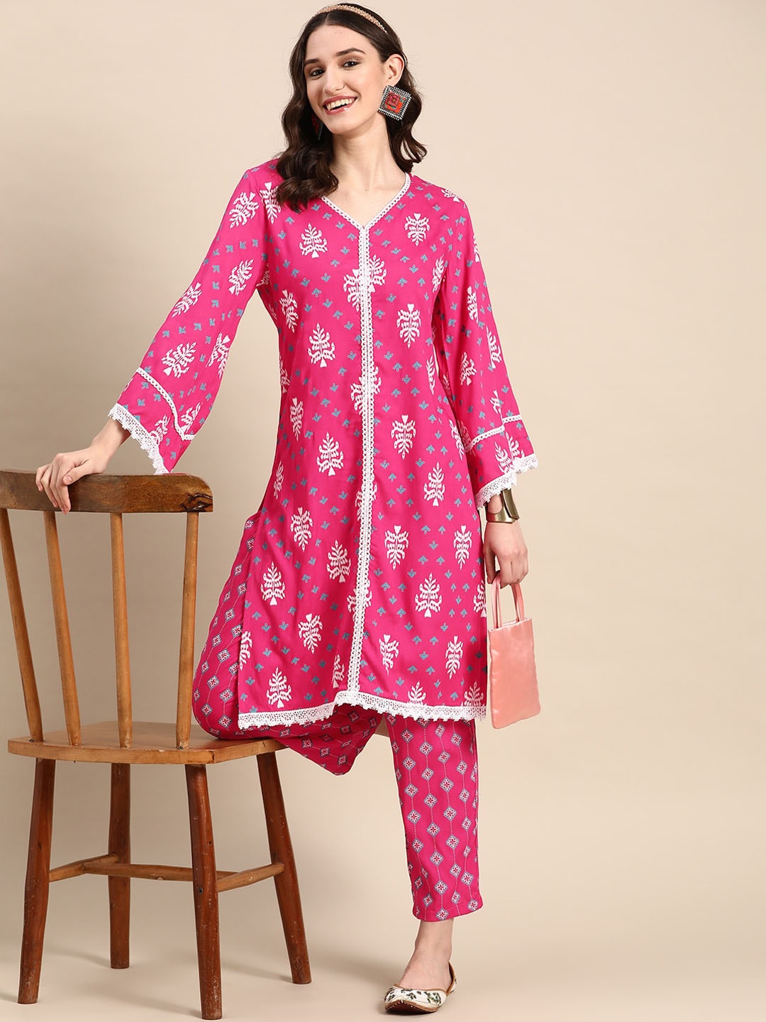

Sangria Pink Ethnic Motifs Printed Pure Cotton Kurta With Trouser