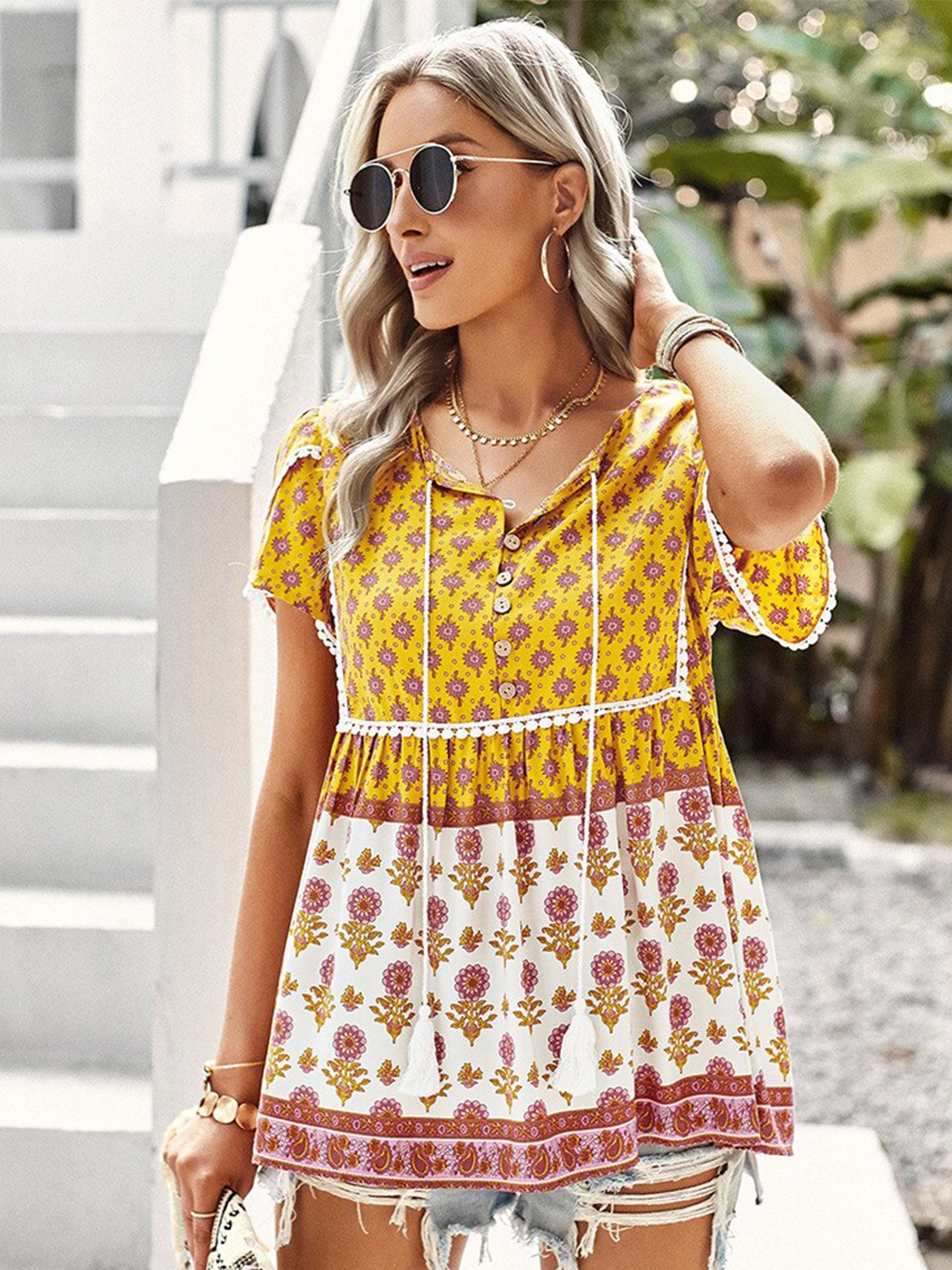 

BoStreet Yellow Floral Printed Tie-Up Neck Top