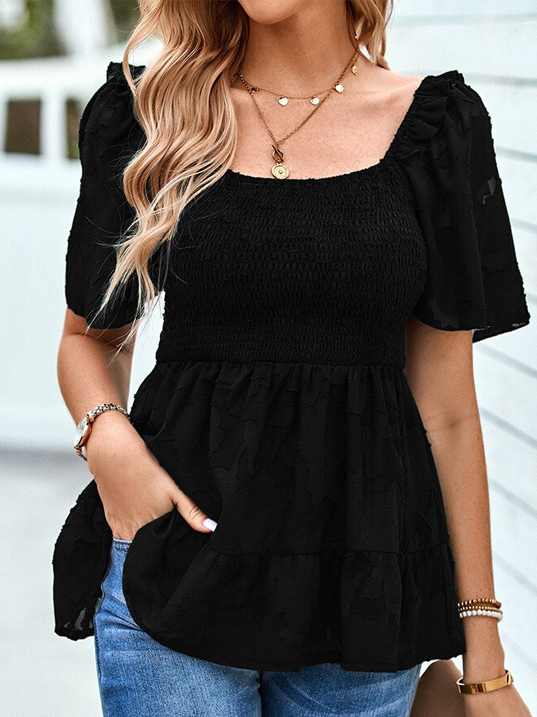 

BoStreet Black Self Design CFlared Sleeves Empire Top