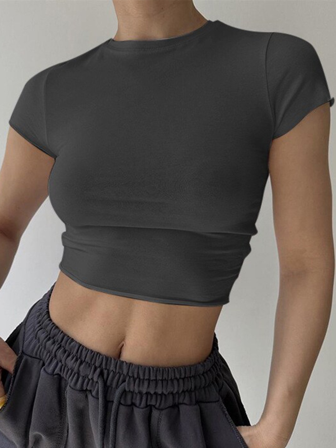 

BoStreet Grey Round Neck Fitted Crop Top
