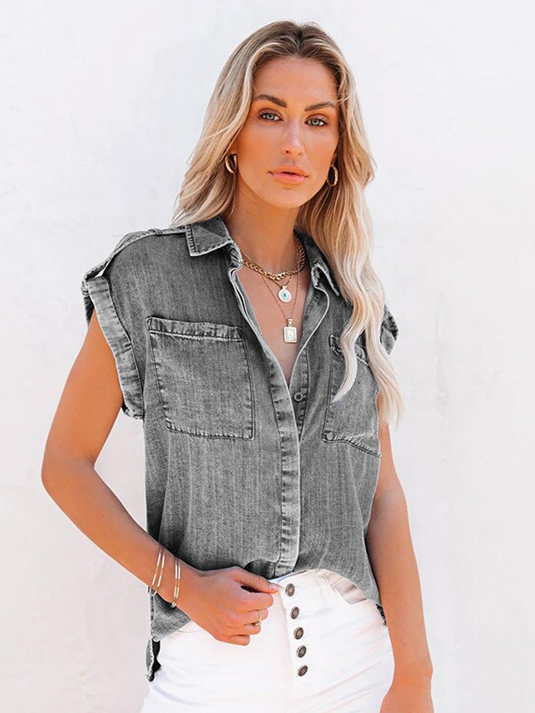 

BoStreet Grey Extended Sleeves Cotton Shirt Style Top