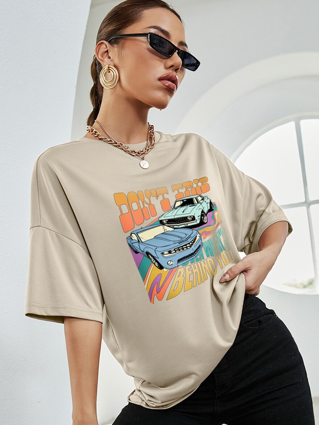 

BoStreet Beige Graphic Printed Drop-Shoulder Oversized Longline T-shirt