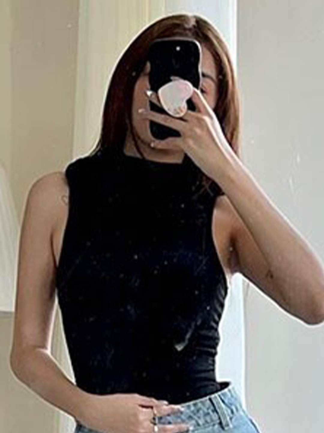 

BoStreet Black High Neck Fitted Crop Top With Flower Corsage