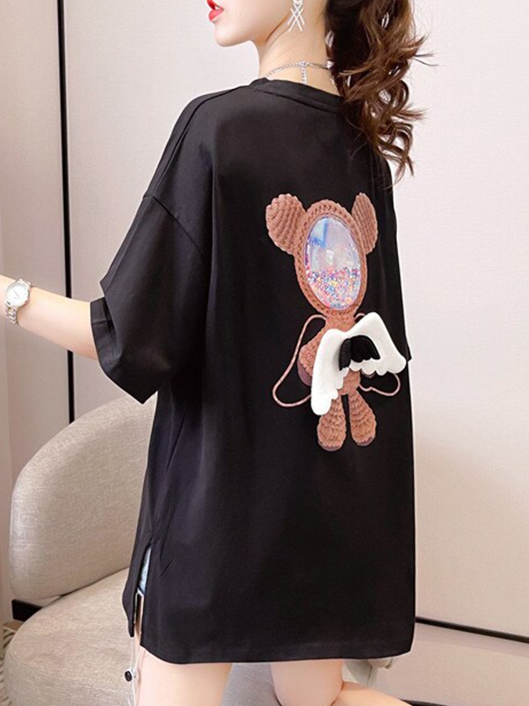 

BoStreet Black Embroidered Drop-Shoulder Oversized Longline T-shirt